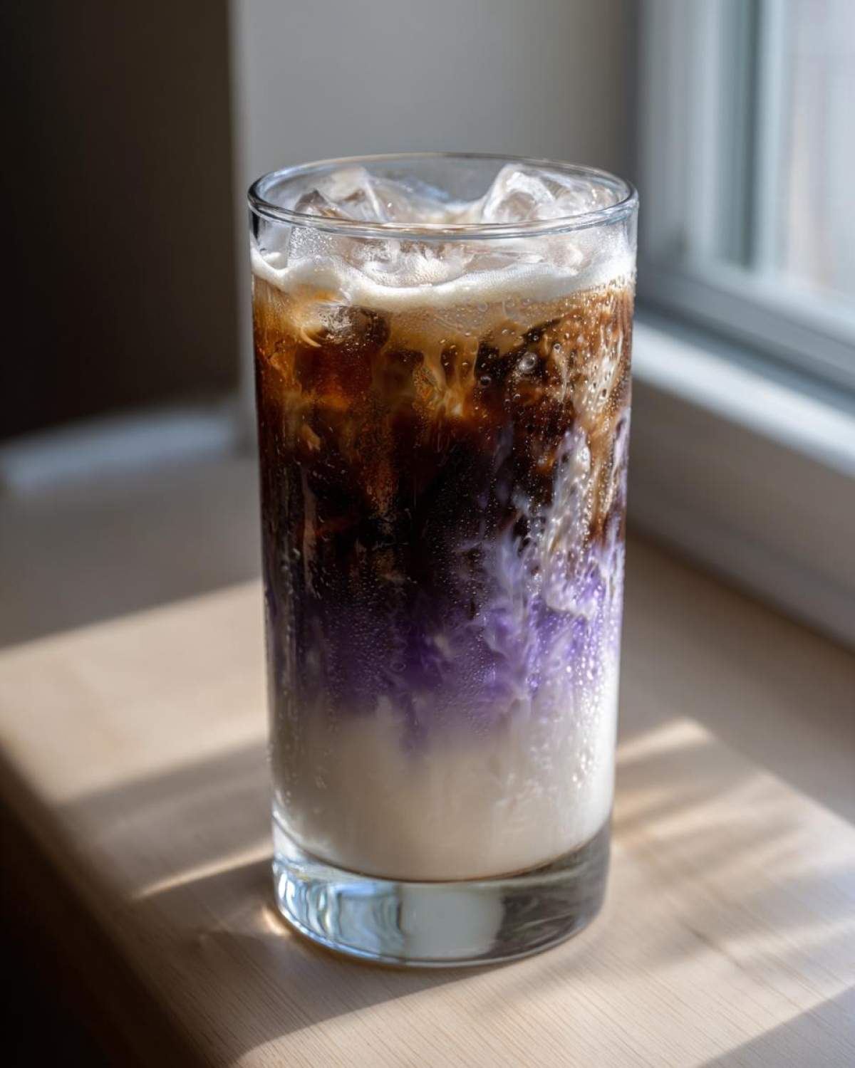 A tall glass of Iced Lavender Latte showing distinct layers of white milk, purple syrup, and dark espresso over ice.