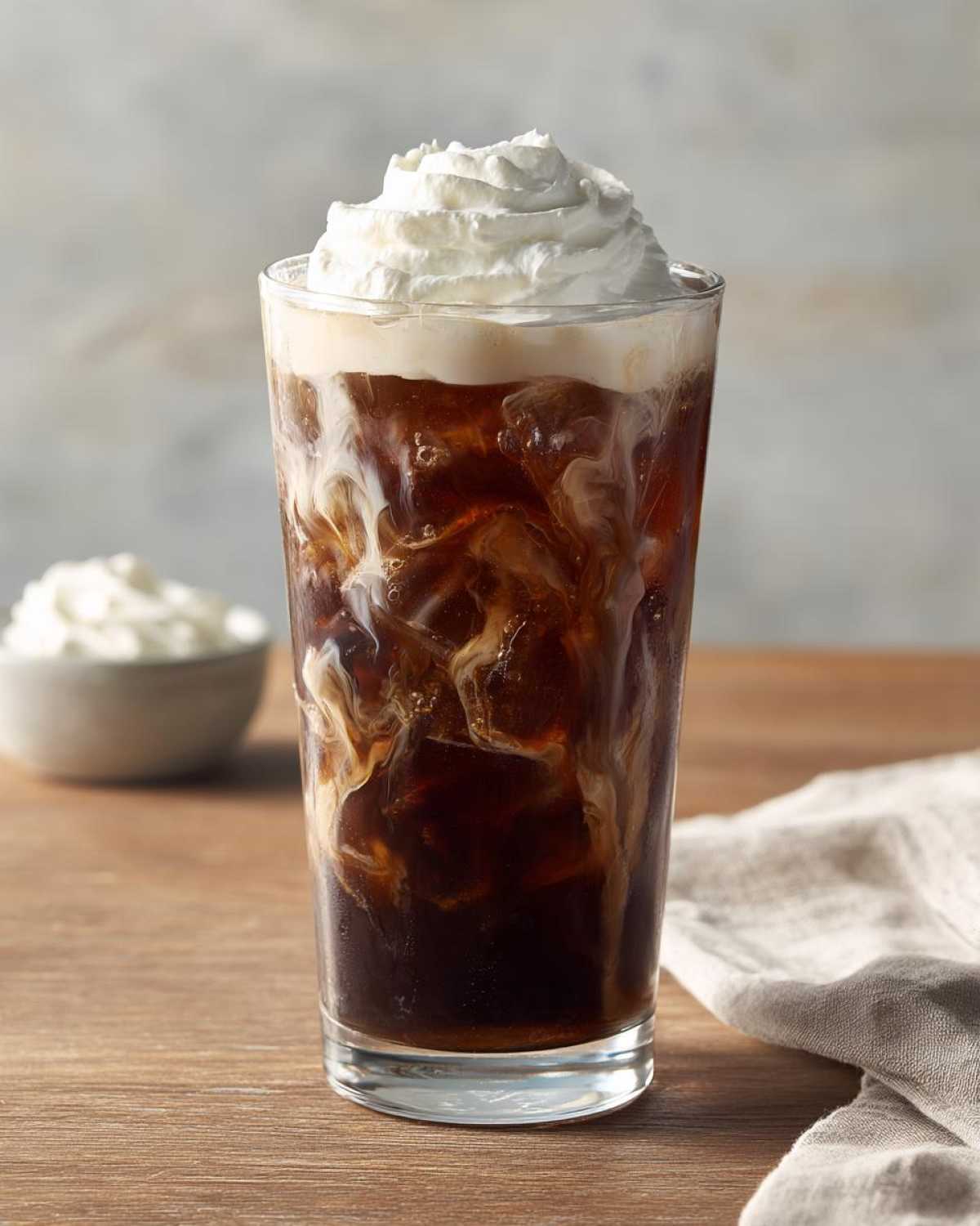 A tall glass filled with an Iced Mocha, ice, and swirling cream, topped with whipped cream.