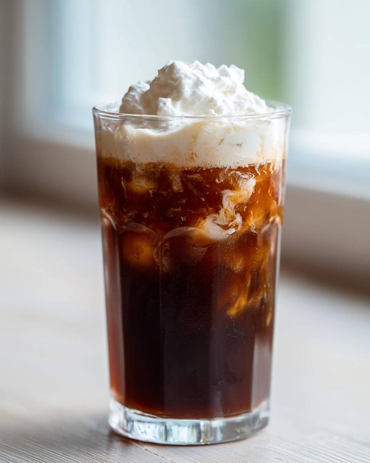 Close-up of a tall glass filled with an Iced Mocha, dark coffee swirling with cream, topped high with whipped cream.