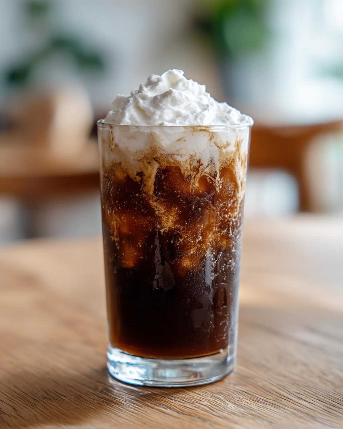A tall glass of dark, cold Iced Mocha topped generously with whipped cream, sitting on a wooden table.