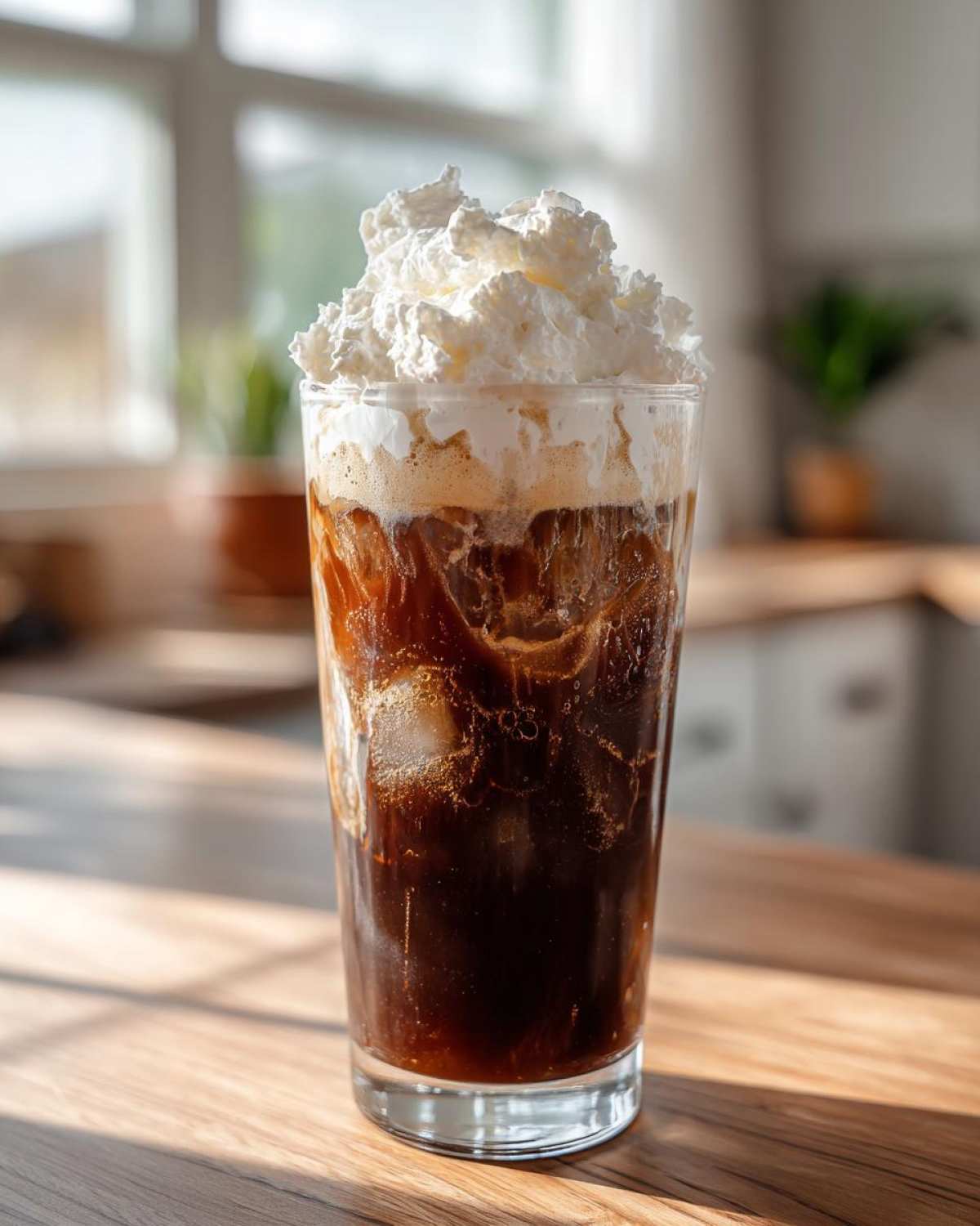 Tall glass filled with an Iced Mocha, ice cubes, and topped generously with whipped cream.