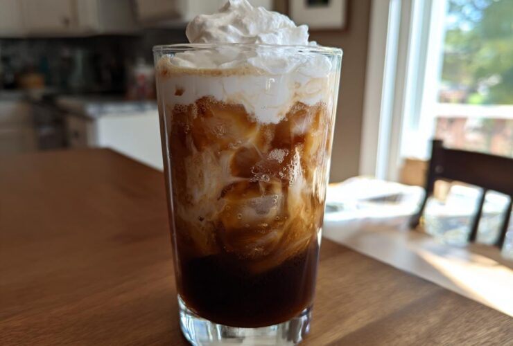 A tall glass filled with a layered Iced Mocha, ice cubes, and topped with whipped cream.