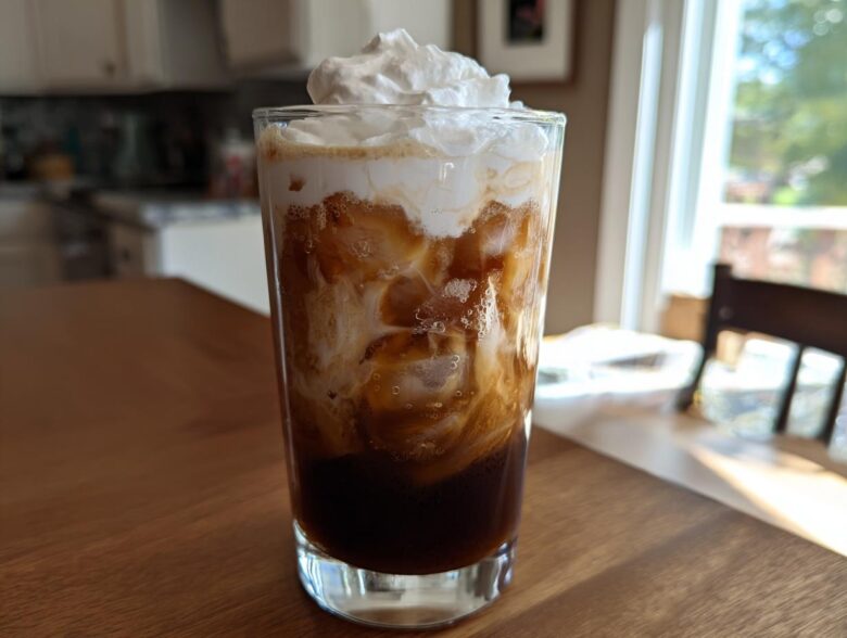 A tall glass filled with a layered Iced Mocha, ice cubes, and topped with whipped cream.
