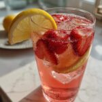 Close-up of a tall glass filled with bubbly Iced Strawberry Lemon Tea, sliced strawberries, ice, and a lemon wedge garnish.