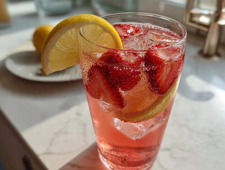 Close-up of a tall glass filled with bubbly Iced Strawberry Lemon Tea, sliced strawberries, ice, and a lemon wedge garnish.
