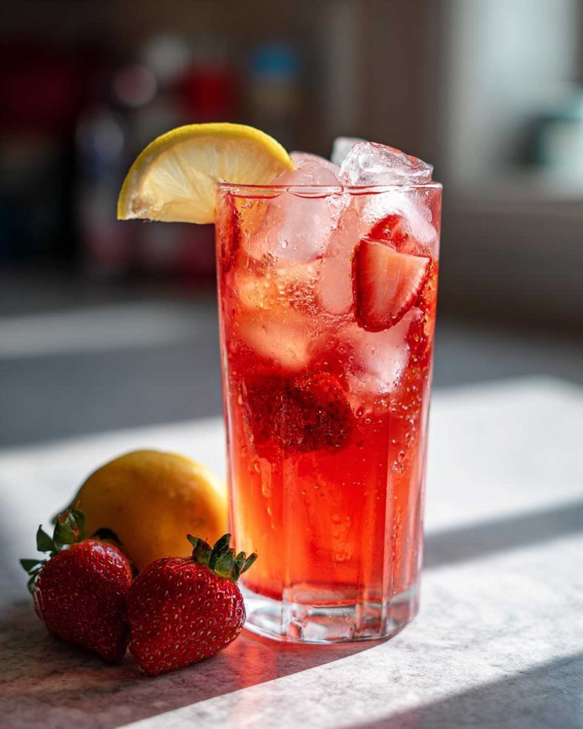 A tall glass filled with vibrant red Iced Strawberry Lemon Tea, ice, and strawberry slices, garnished with a lemon wedge.