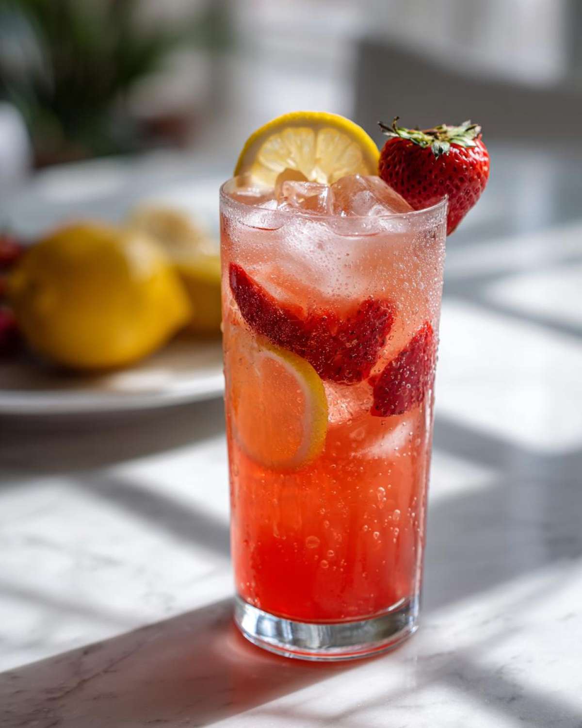 A tall glass filled with bubbly Iced Strawberry Lemon Tea, garnished with fresh strawberries and lemon slices.