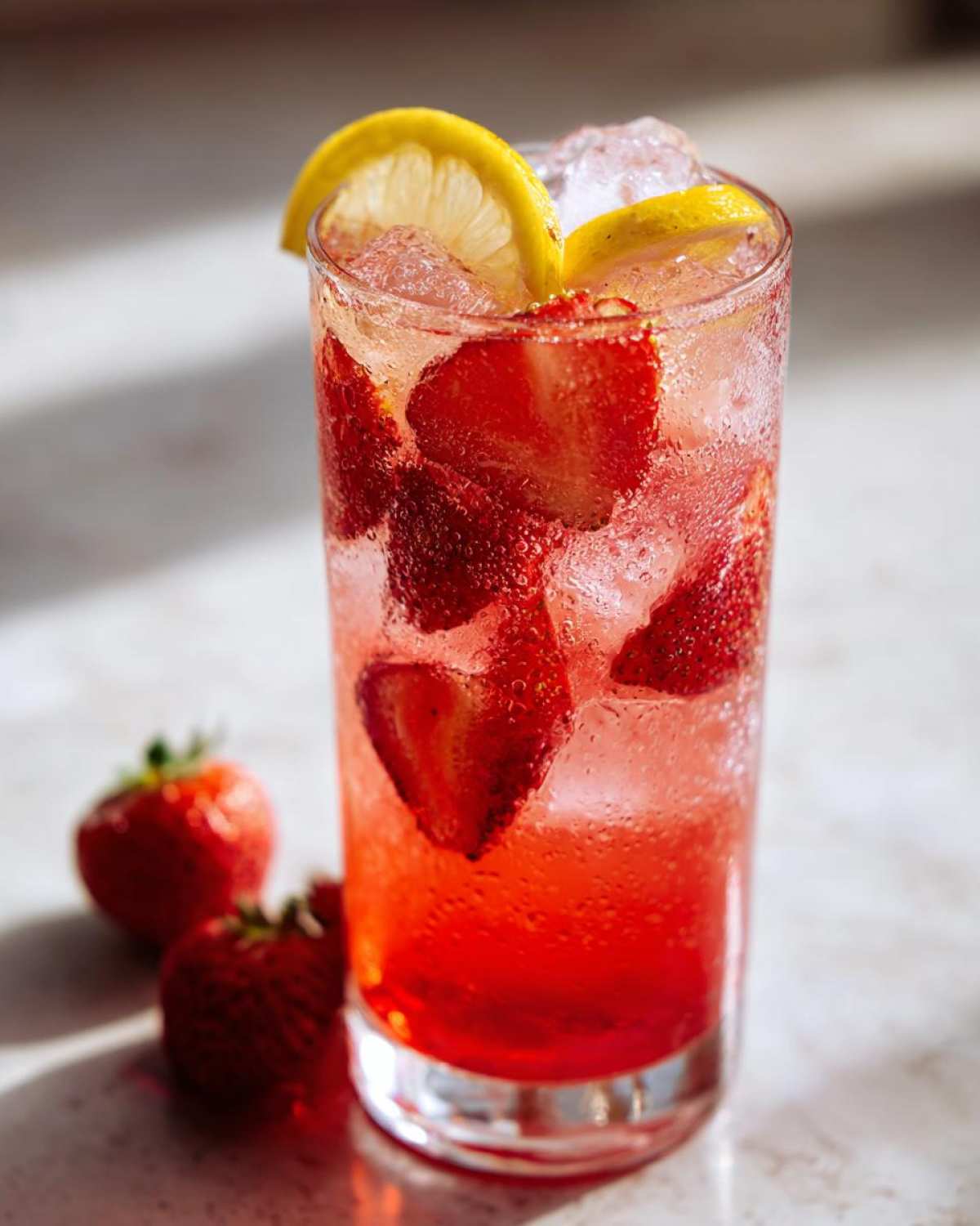 Close-up of a tall glass filled with Iced Strawberry Lemon Tea, sliced strawberries, ice, and lemon garnishes.