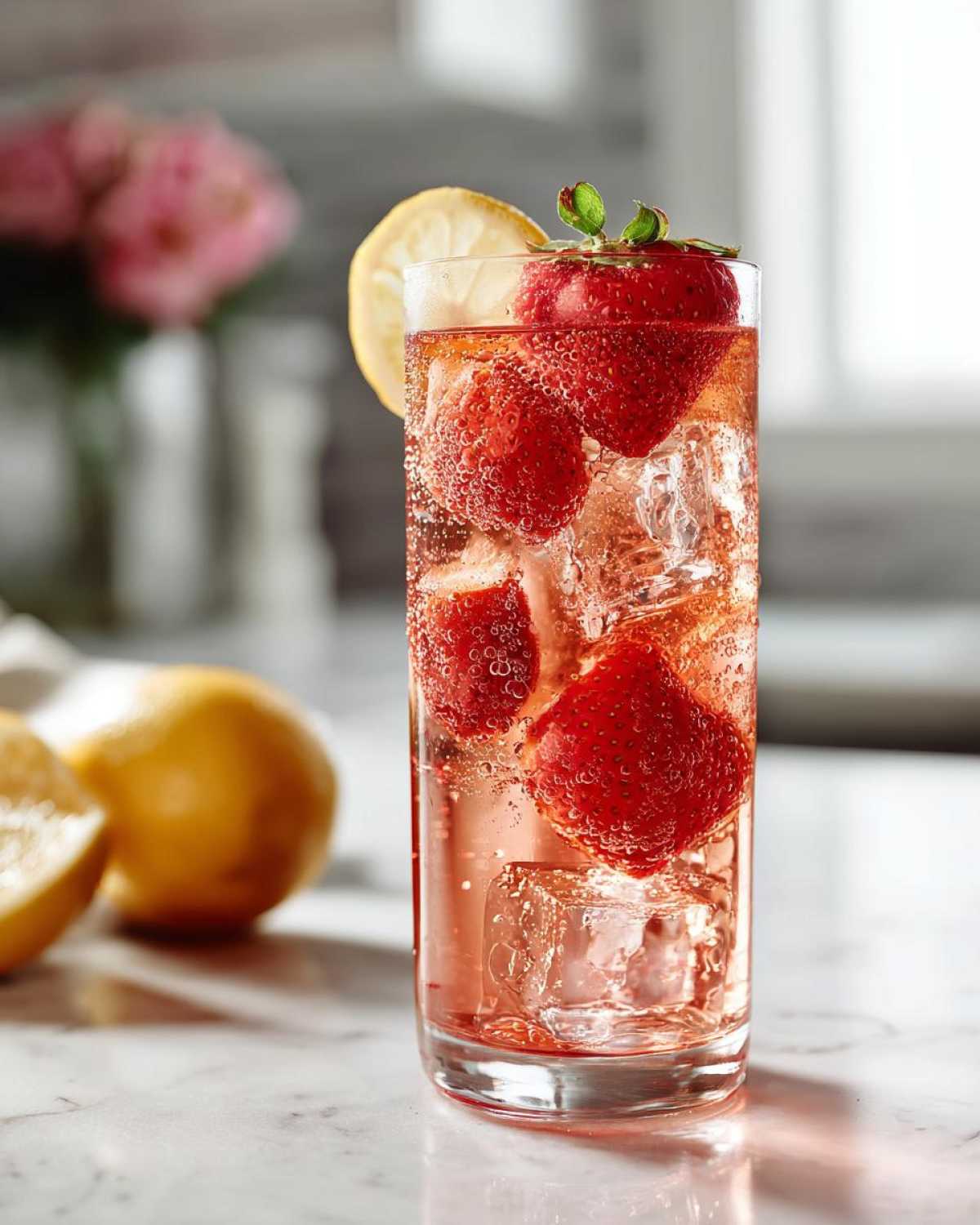 Close-up of a tall glass filled with Iced Strawberry Lemon Tea, ice cubes, and fresh strawberries.
