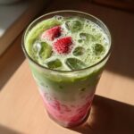 Close-up of a layered Iced Strawberry Matcha Latte in a tall glass, featuring pink strawberry puree, milk, and bright green matcha foam with ice and fresh strawberries.