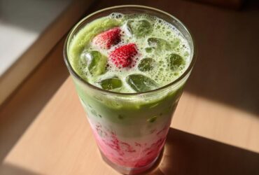 Close-up of a layered Iced Strawberry Matcha Latte in a tall glass, featuring pink strawberry puree, milk, and bright green matcha foam with ice and fresh strawberries.