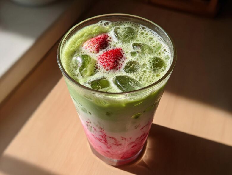 Close-up of a layered Iced Strawberry Matcha Latte in a tall glass, featuring pink strawberry puree, milk, and bright green matcha foam with ice and fresh strawberries.