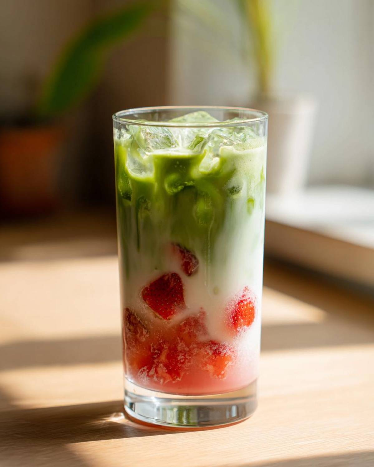 Close-up of a layered Iced Strawberry Matcha Latte with ice, milk, and fresh strawberries.