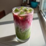 A tall glass showing the layered Iced Strawberry Matcha Latte with green matcha, pink strawberry puree, and matcha ice cubes.