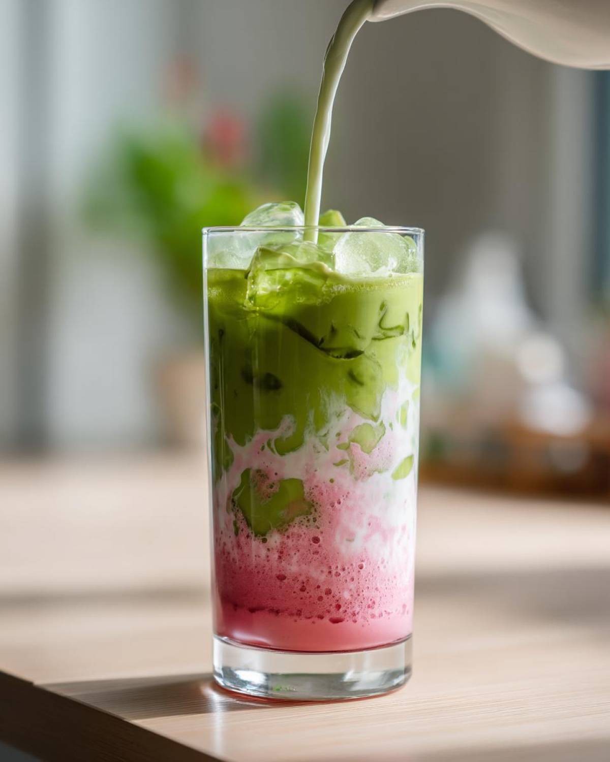 Milk being poured over ice and layers of green matcha and pink strawberry syrup in a glass for an Iced Strawberry Matcha Latte.