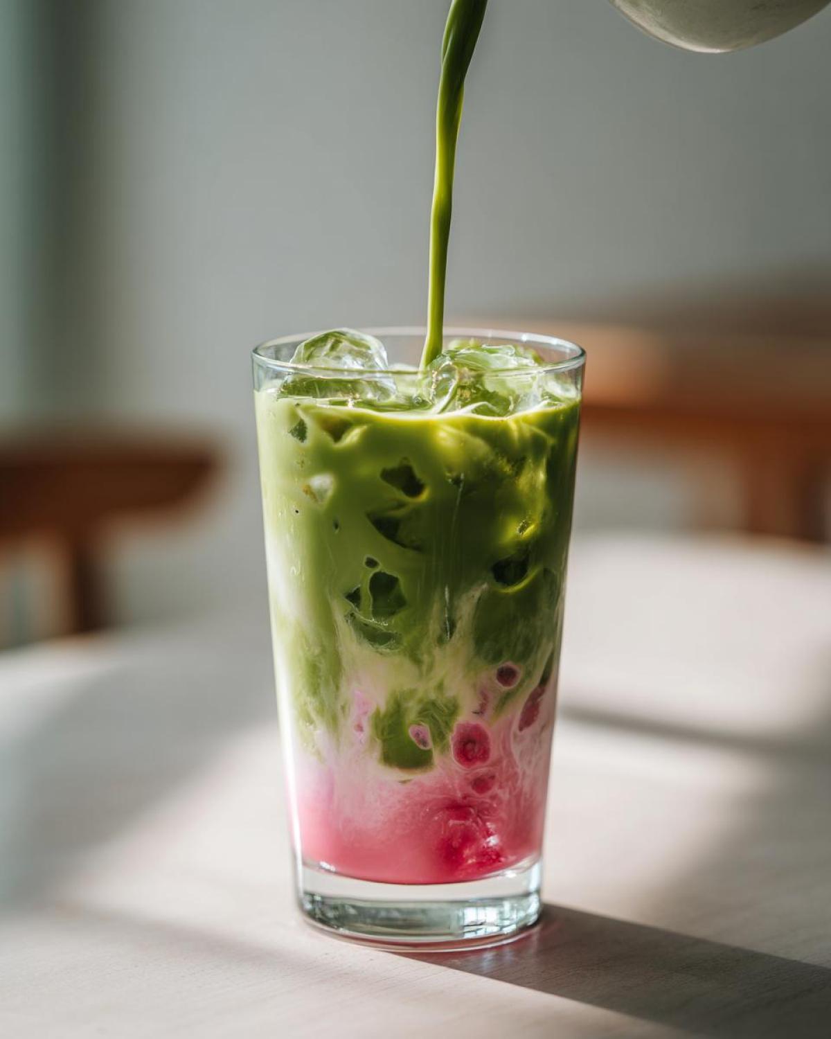 Matcha green tea being poured over ice and strawberry syrup in a glass for an Iced Strawberry Matcha Latte.