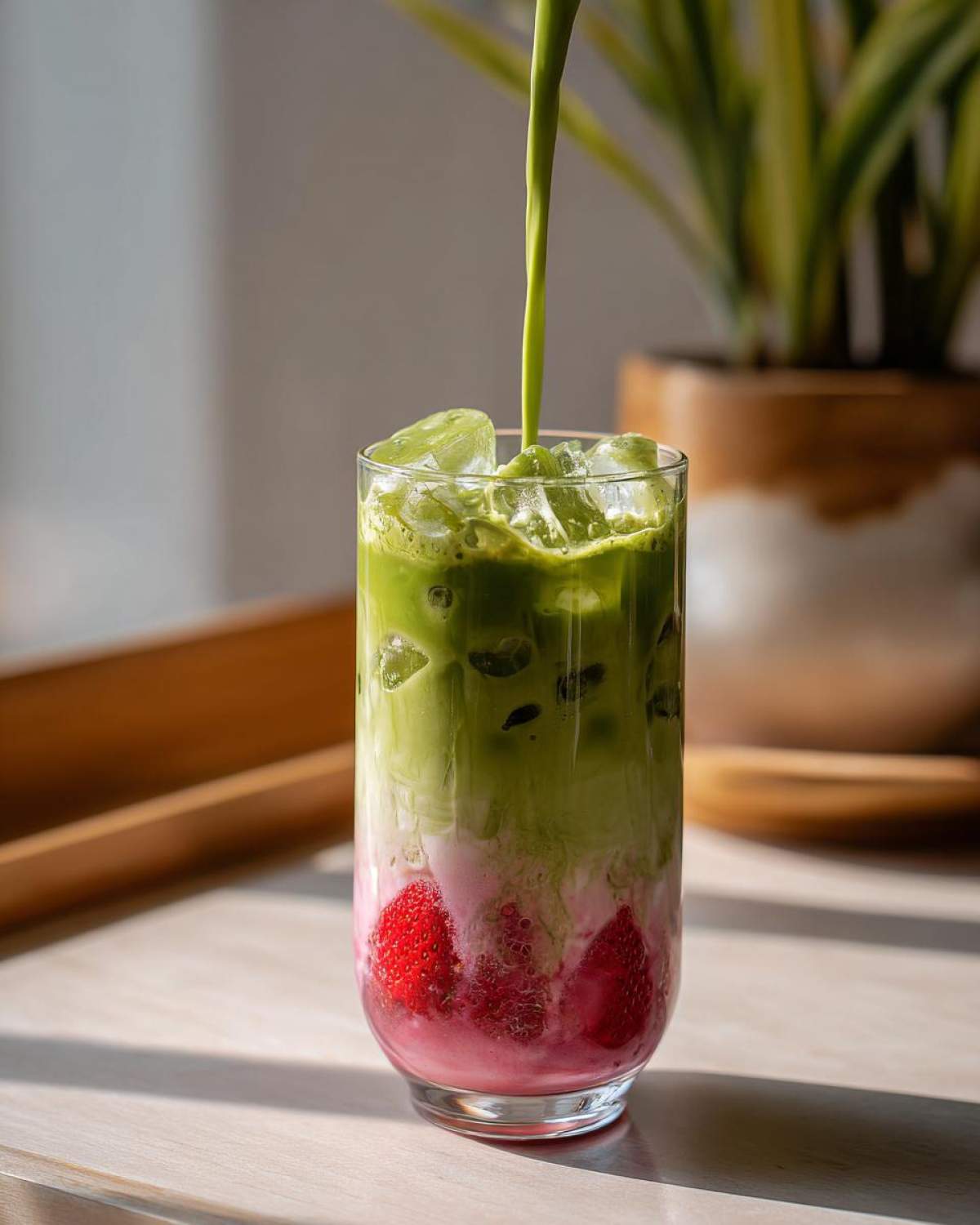 Matcha liquid being poured over ice and strawberry puree in a glass for an Iced Strawberry Matcha Latte.