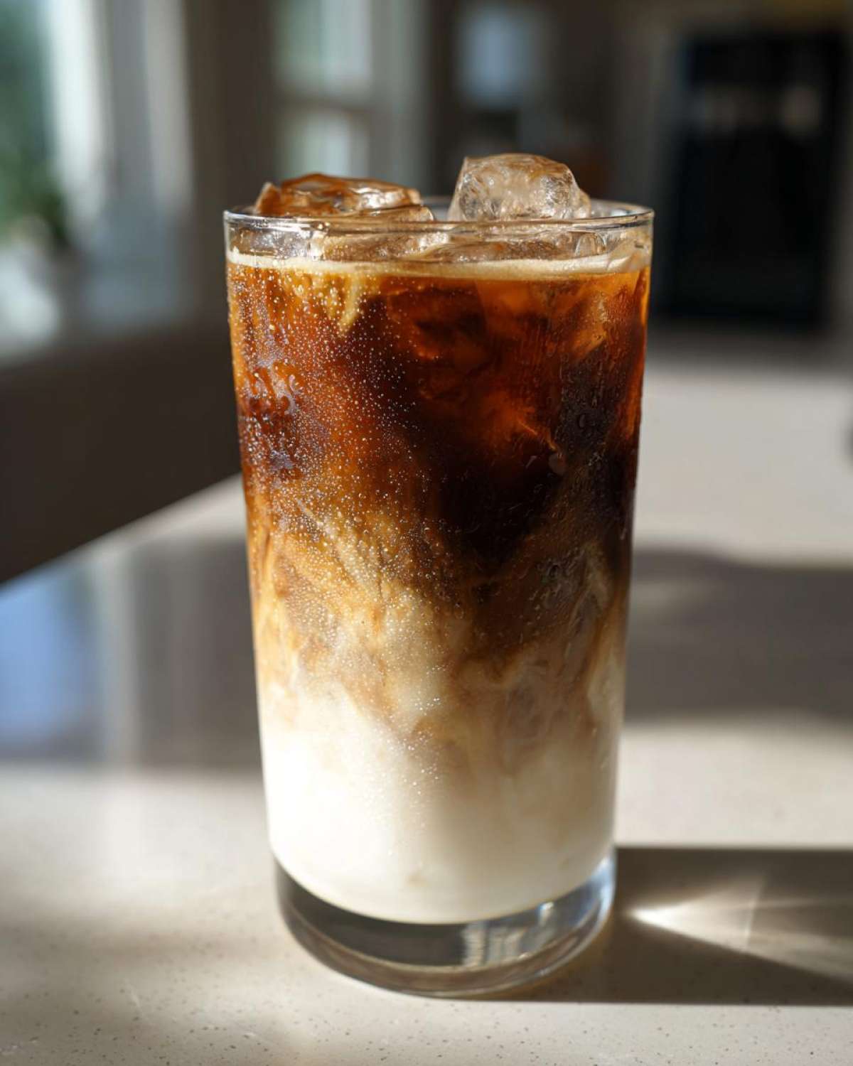 Close-up of a tall glass containing an Iced Vanilla Chai Latte with swirling milk and dark tea layers over ice.