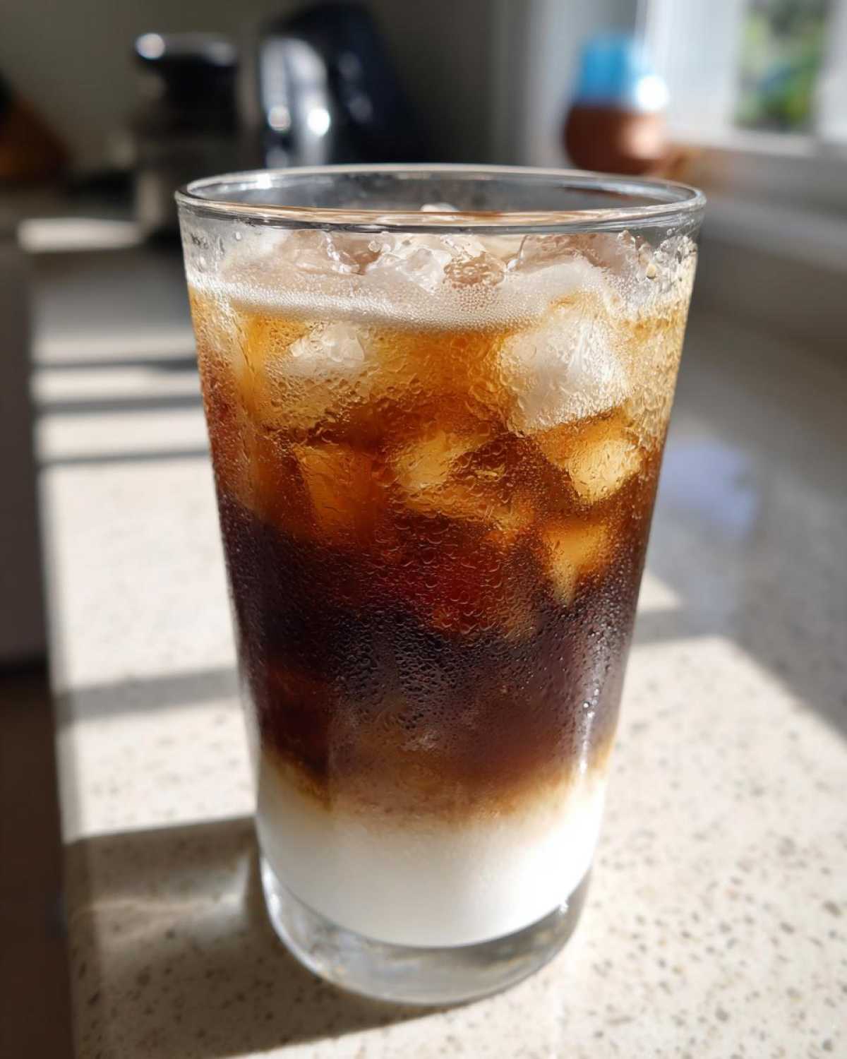 Close-up of a refreshing Iced Vanilla Chai Latte showing distinct layers of milk and dark chai concentrate over ice.