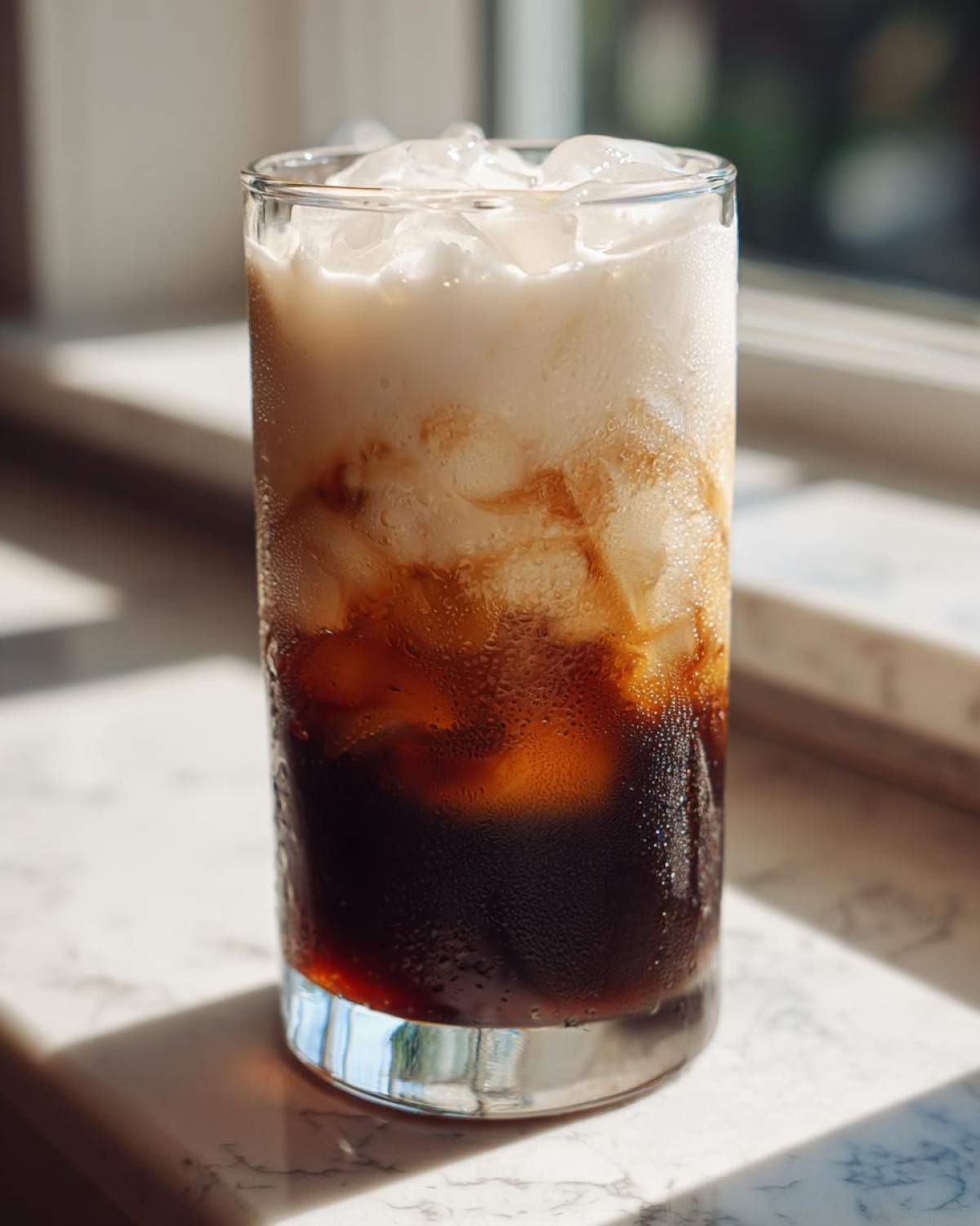 A tall glass of Iced Vanilla Chai Latte showing dark tea layered beneath white milk/foam over ice cubes.