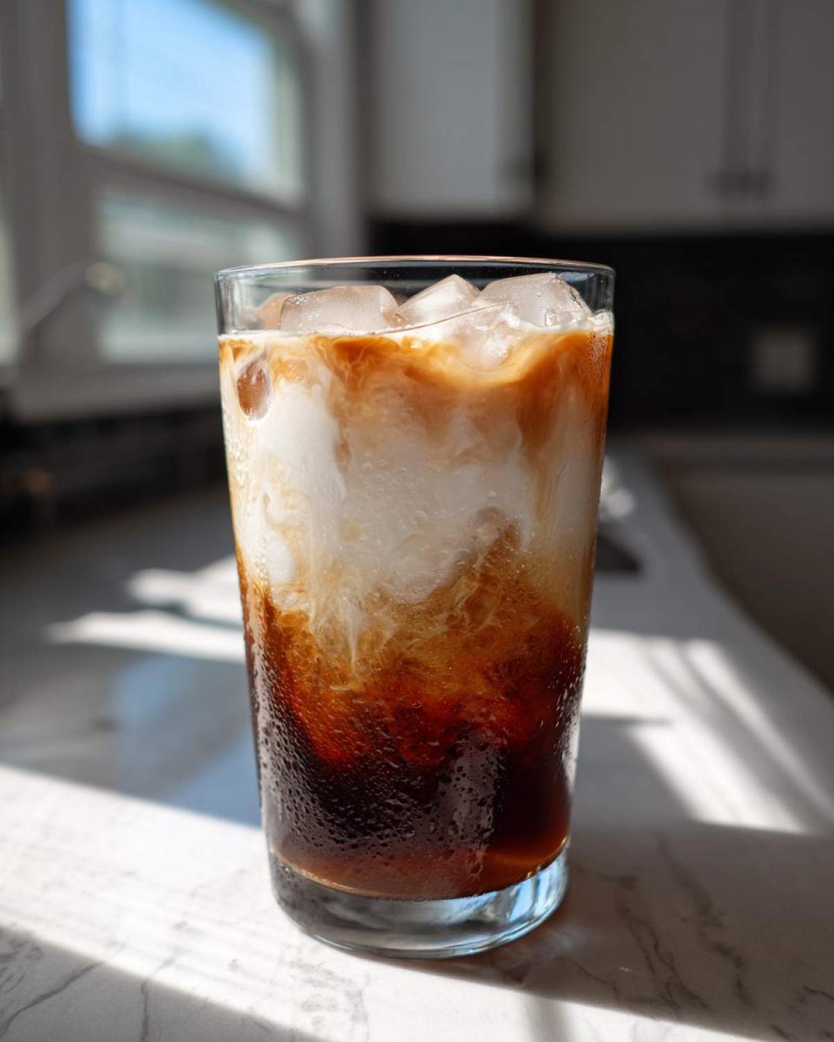 Close-up of a tall glass containing an Iced Vanilla Chai Latte with ice, showing the rich layers of dark chai concentrate and creamy milk.