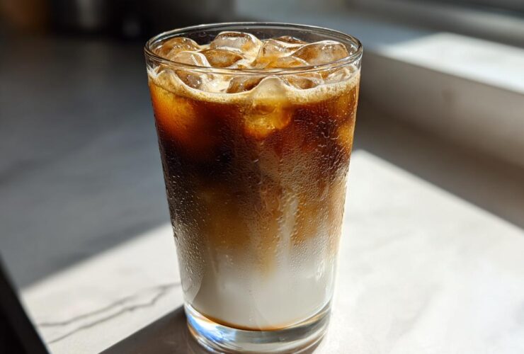 A tall glass filled with a layered Iced Vanilla Chai Latte, showing milk, espresso, and ice cubes.