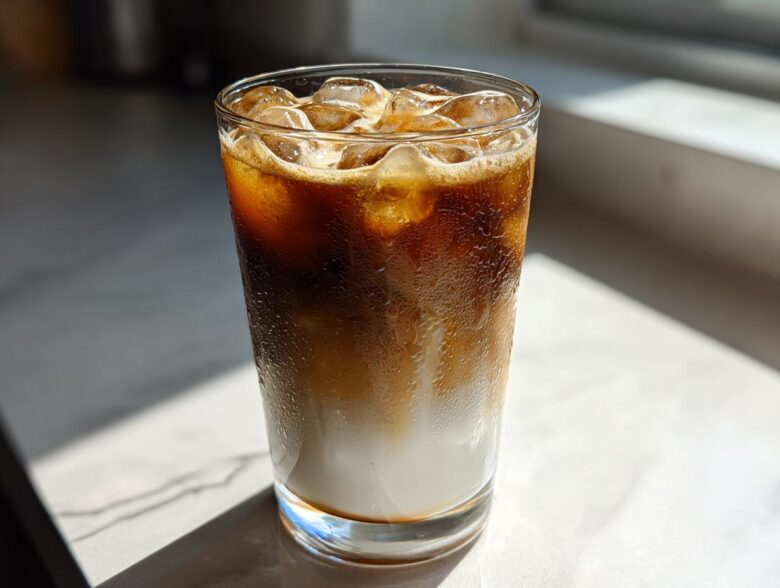 A tall glass filled with a layered Iced Vanilla Chai Latte, showing milk, espresso, and ice cubes.