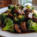 A close-up serving of glossy Instant Pot Beef and Broccoli coated in rich sauce, served next to white rice on a plate.
