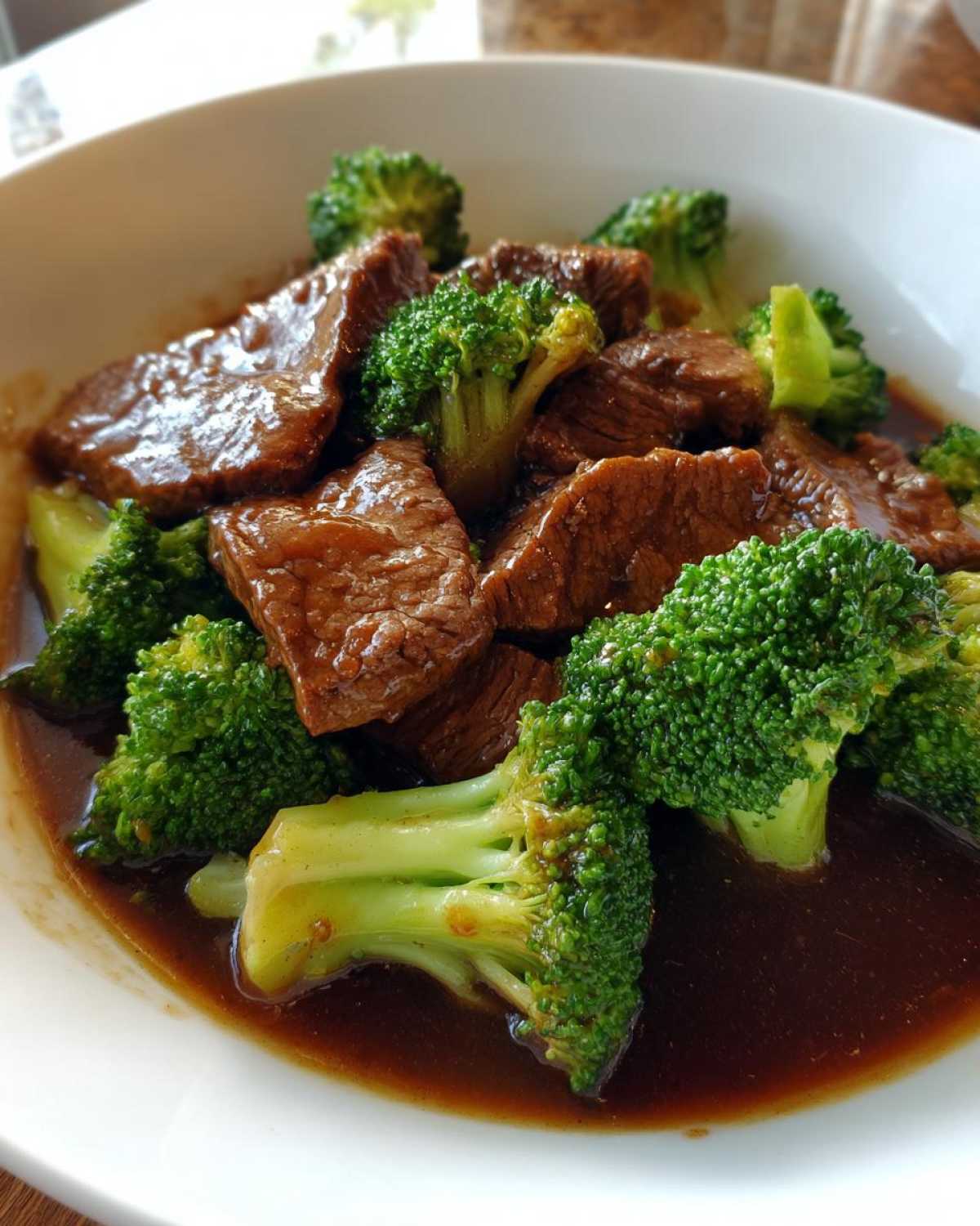 Close-up of tender beef slices and bright green broccoli florets covered in rich brown sauce from Instant Pot Beef and Broccoli.