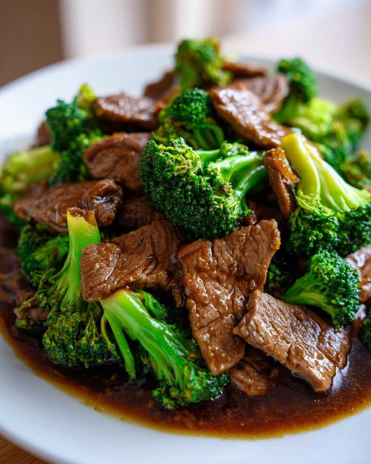 Close-up of tender slices of beef mixed with bright green broccoli florets coated in a rich brown sauce, Instant Pot Beef and Broccoli.