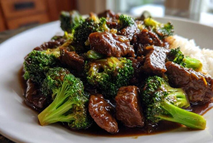 A close-up serving of glossy Instant Pot Beef and Broccoli coated in rich sauce, served next to white rice on a plate.