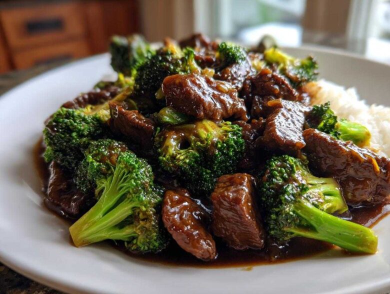 A close-up serving of glossy Instant Pot Beef and Broccoli coated in rich sauce, served next to white rice on a plate.