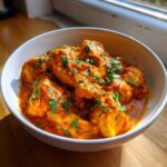 Close-up of tender chicken pieces coated in a vibrant orange sauce, garnished with fresh cilantro, representing Instant Pot Butter Chicken.