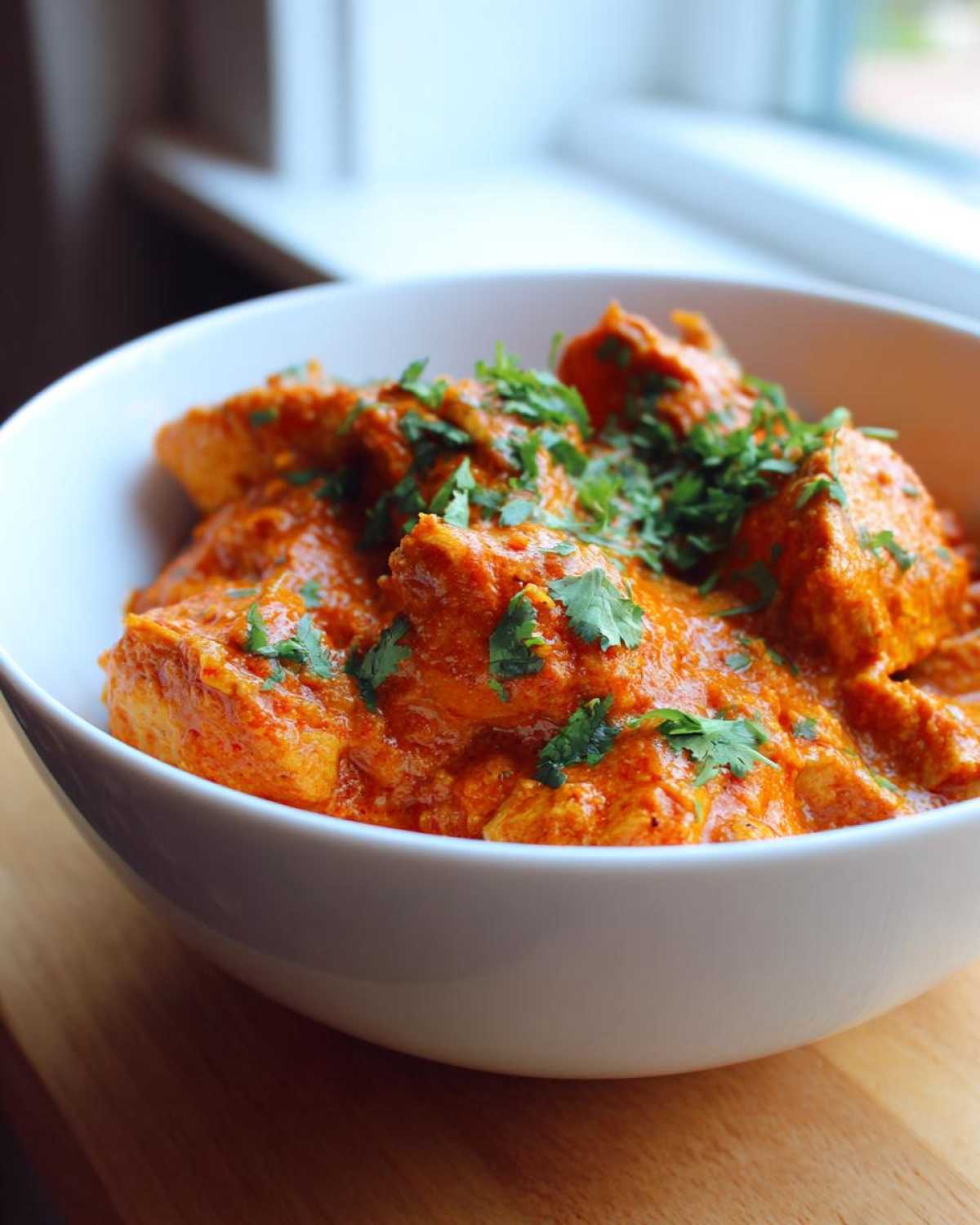 Close-up of rich, orange-red Instant Pot Butter Chicken garnished with fresh cilantro.