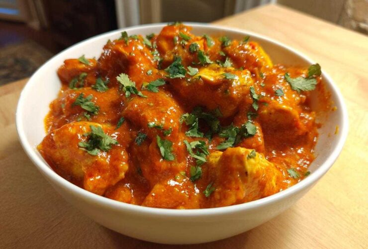 A close-up of rich, orange-red Instant Pot Butter Chicken pieces garnished with fresh cilantro.