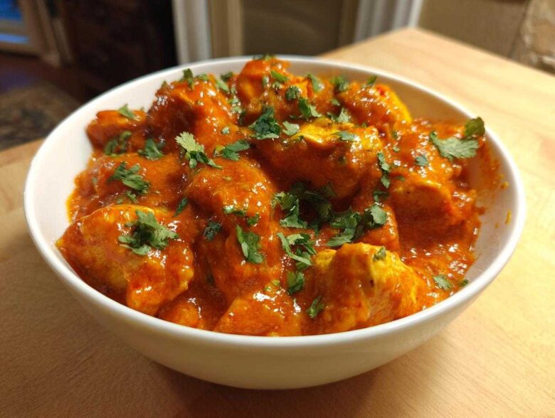 A close-up of rich, orange-red Instant Pot Butter Chicken pieces garnished with fresh cilantro.