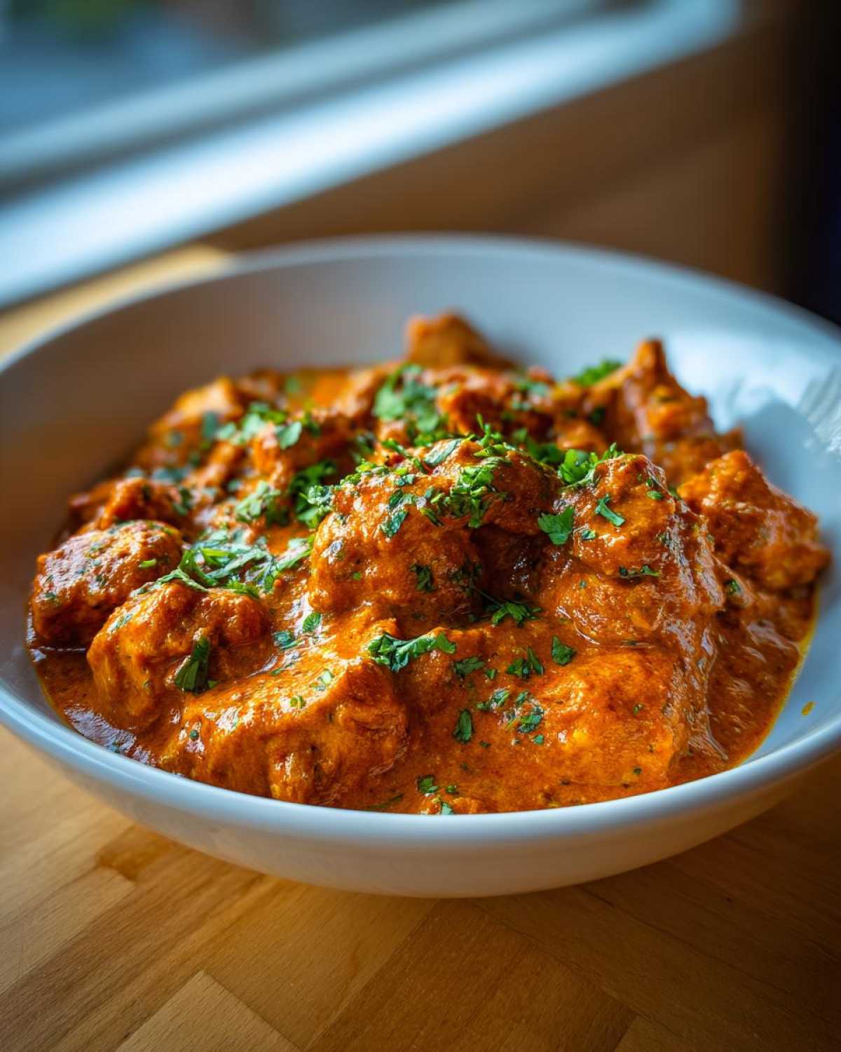 Close-up of rich, creamy Instant Pot Butter Chicken garnished with fresh cilantro.
