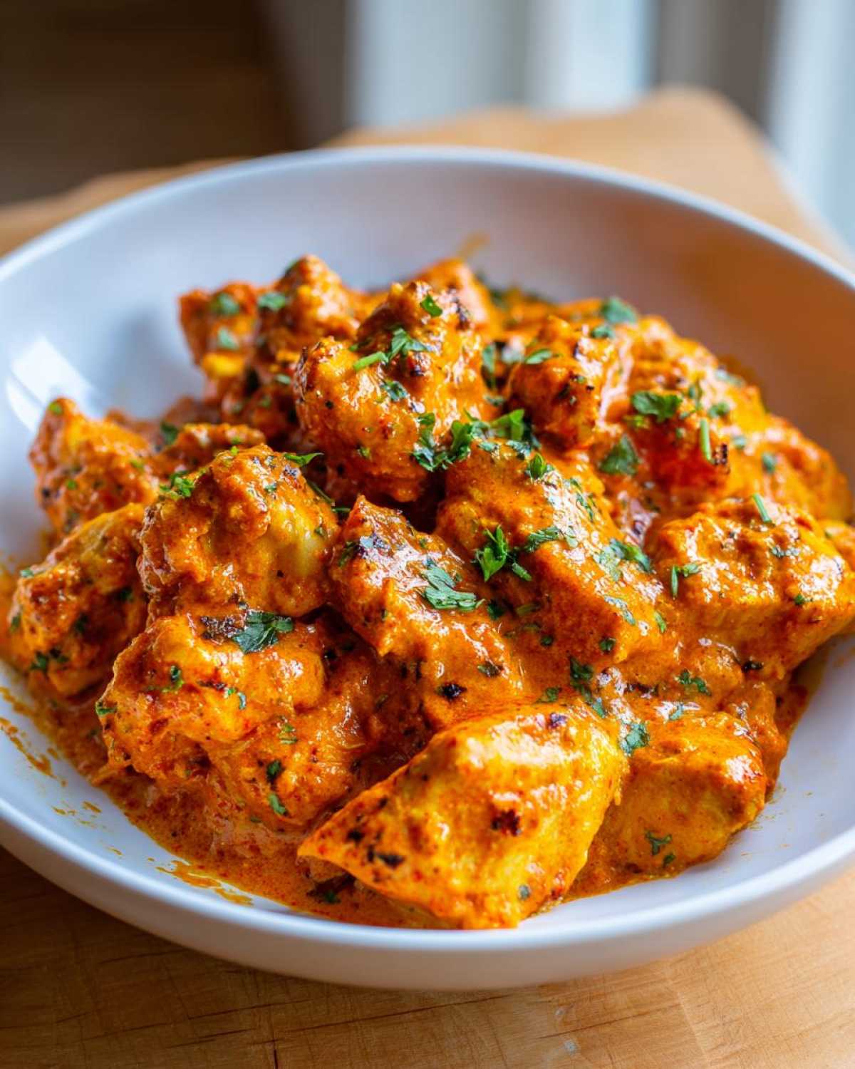 Close-up of tender chicken pieces coated in creamy, vibrant orange sauce, garnished with cilantro, representing Instant Pot Butter Chicken.