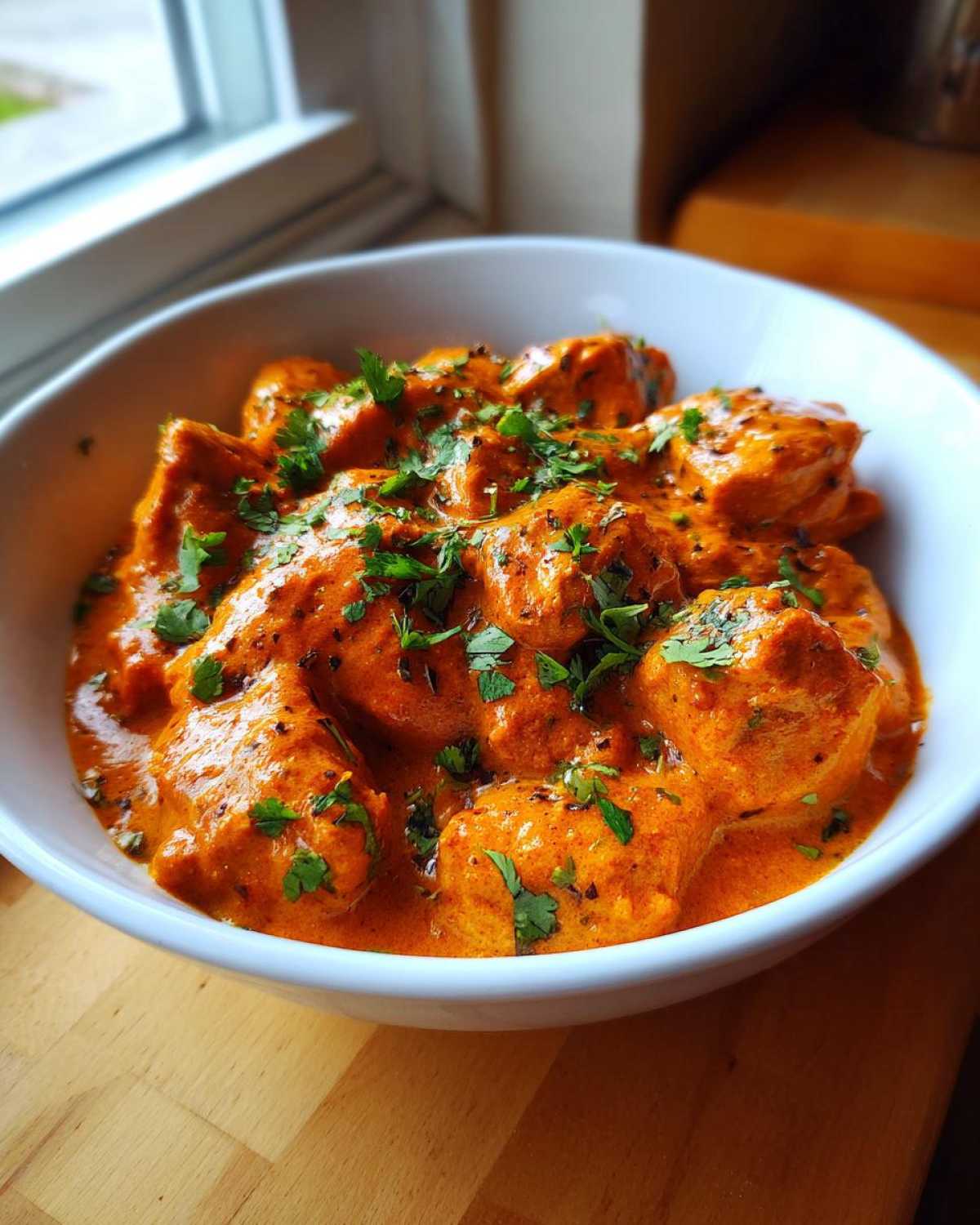 Close-up of rich, orange Instant Pot Butter Chicken garnished with fresh cilantro in a white bowl.