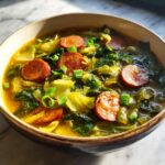 Close-up of a bowl of vibrant Instant Pot Cabbage and Sausage Soup topped with sliced sausage and green onions.