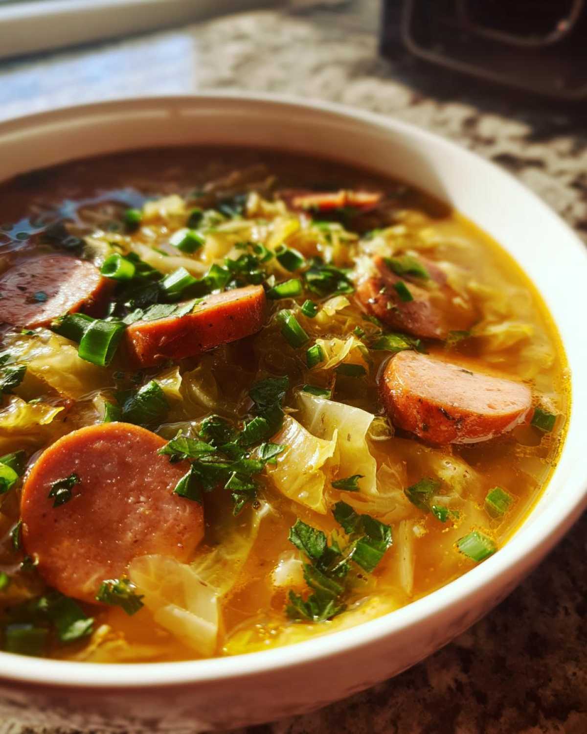Close-up of a bowl of Instant Pot Cabbage and Sausage Soup with sliced sausage and green onions.