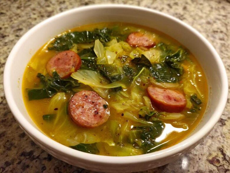 A close-up of a white bowl filled with Instant Pot Cabbage and Sausage Soup, featuring sliced sausage and green cabbage in a savory broth.