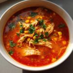 Close-up of a white bowl filled with vibrant red Instant Pot Chicken Tortilla Soup, topped with shredded chicken, corn, and fresh cilantro.
