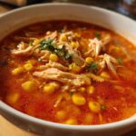 Close-up of a white bowl filled with vibrant red Instant Pot Chicken Tortilla Soup, topped with shredded chicken, corn, and cilantro.