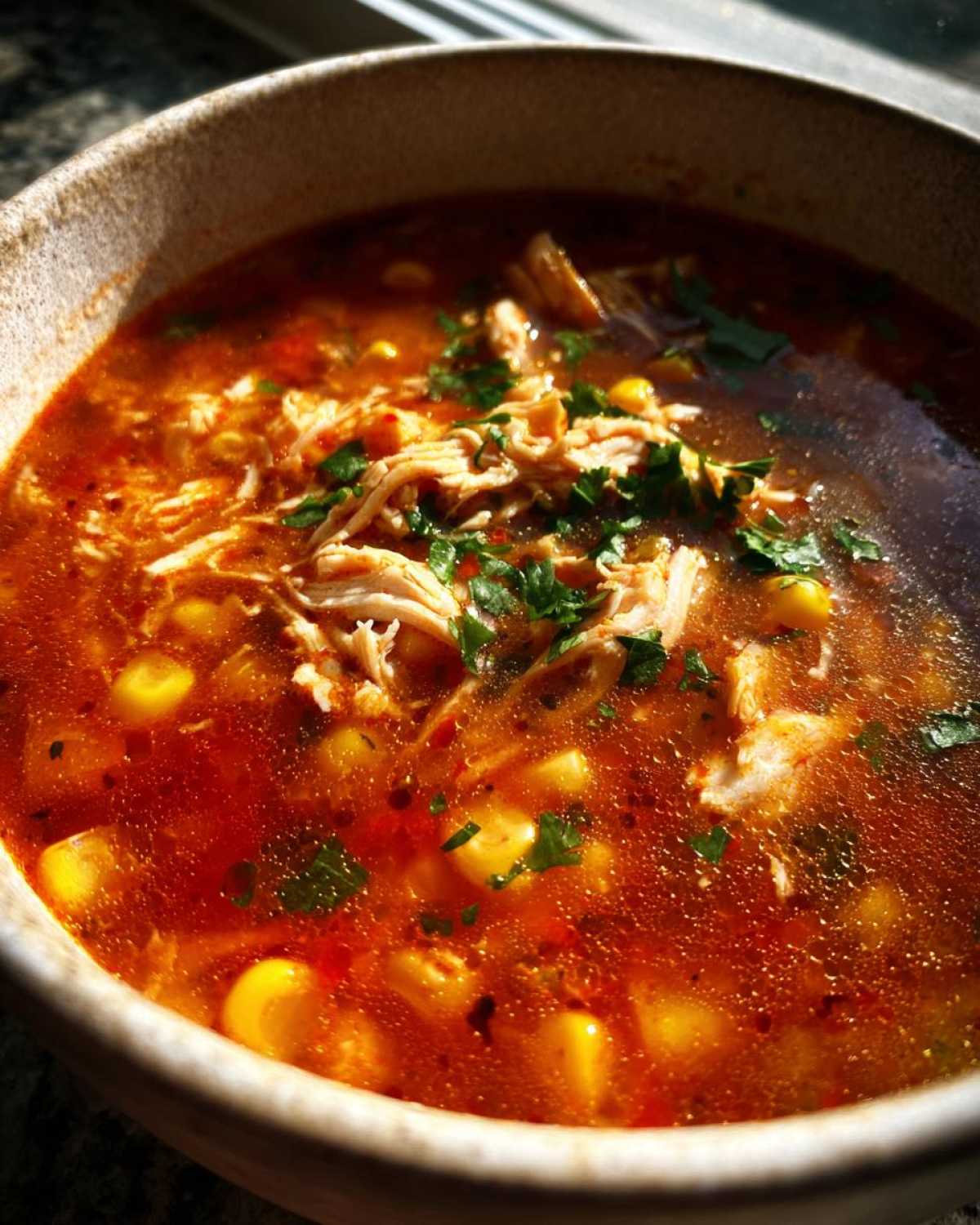 A close-up, richly colored bowl of Instant Pot Chicken Tortilla Soup with shredded chicken and corn kernels.