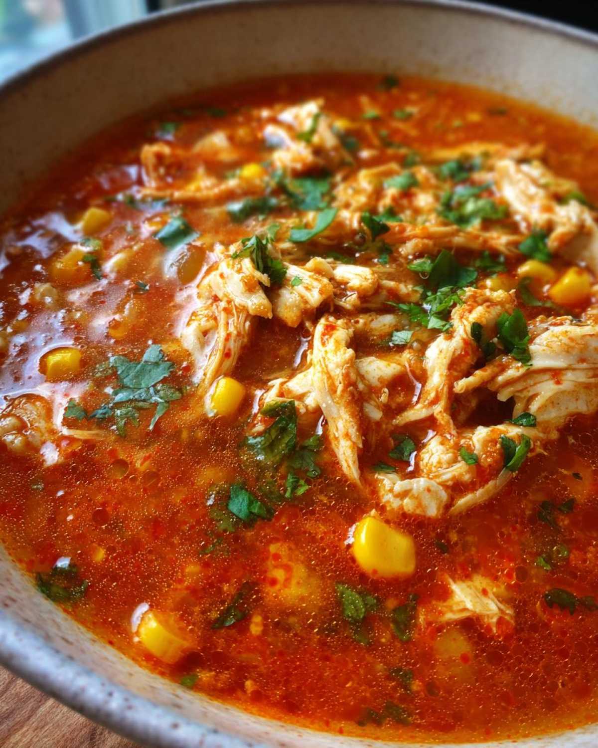 Close-up of a vibrant red bowl of Instant Pot Chicken Tortilla Soup topped with shredded chicken, corn, and cilantro.