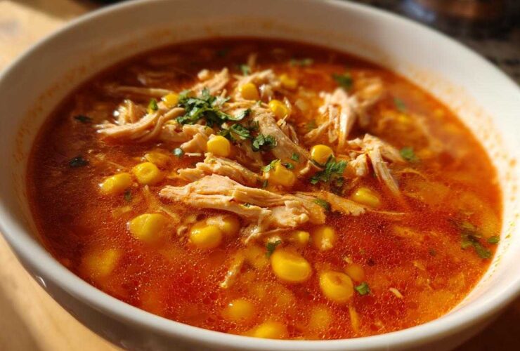 Close-up of a white bowl filled with vibrant red Instant Pot Chicken Tortilla Soup, topped with shredded chicken, corn, and cilantro.