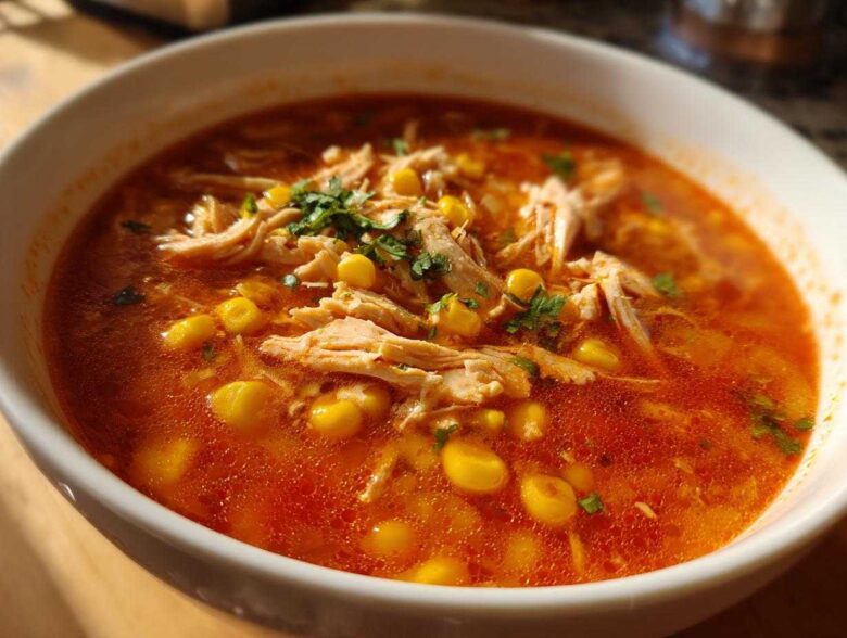 Close-up of a white bowl filled with vibrant red Instant Pot Chicken Tortilla Soup, topped with shredded chicken, corn, and cilantro.