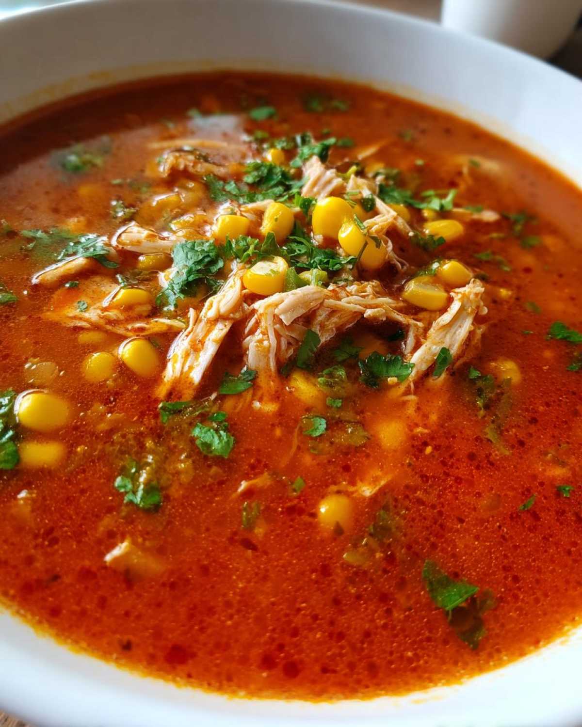 A close-up view of a bowl of vibrant red Instant Pot Chicken Tortilla Soup topped with shredded chicken, corn, and cilantro.