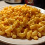 A close-up of creamy Instant Pot Mac and Cheese topped with melted, gooey orange cheddar cheese on a white plate.